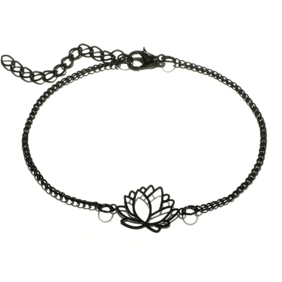 Black & Gold Lotus Flower Feather Heart Bead Charm Layering Bracelet Set Bundle - Picture 8 of 13